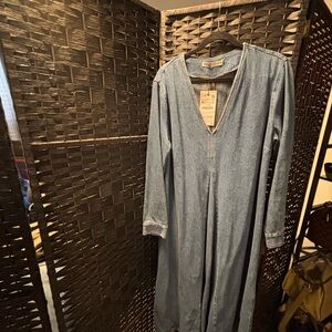 Zara Light Blue Denim Maxi Dress with V-Neck